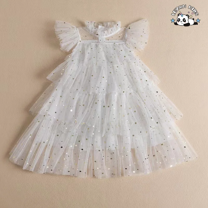 LEZONKIDS - Customizable Wholesale High Quality Little Princess Sparkle Star Printed Casual Tulle Kids Girls Dresses